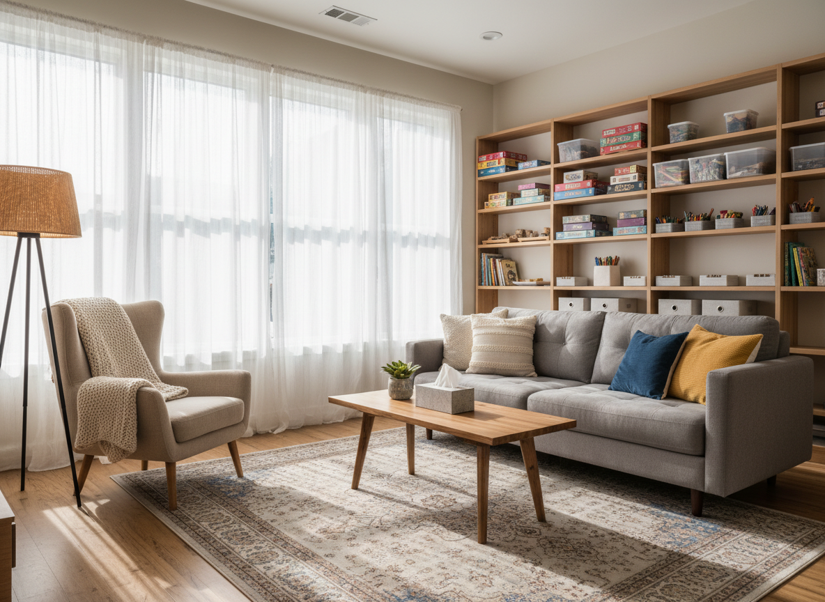 A warmly lit therapy room designed for children, teens, and adults, shown in photographic realism. A soft gray sofa with textured throw pillows faces a low natural-wood coffee table holding a box of neatly arranged tissues and a small potted plant. To one side, a cozy reading nook with a high-backed armchair and a woven floor lamp suggests a space for quiet reflection. Shelves with board games and art supplies hint at play therapy without being cluttered. Late afternoon natural light filters through sheer curtains, casting gentle shadows. Shot at eye level with a slightly wide angle, the composition feels open, calm, and professional, emphasizing safety and comfort without any people present.
