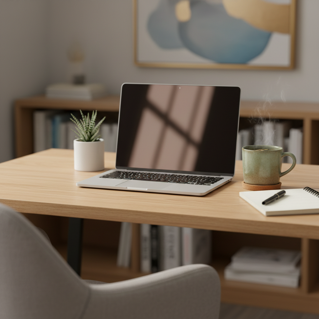 A close-up, photographic view of a tidy therapist’s desk arranged for an online or phone therapy session. A slim laptop with a soft glow on its screen sits beside a simple ceramic mug of herbal tea, a spiral notebook with a pen resting diagonally across it, and a small succulent in a matte white pot. The desktop is smooth light oak, with the edge of a comfortable upholstered chair just visible. Soft, diffused daylight from an unseen window creates subtle reflections on the laptop and gentle shadows under the objects. The composition uses a shallow depth of field to blur the background bookshelves and framed abstract art, conveying a focused, organized, and approachable professional atmosphere.