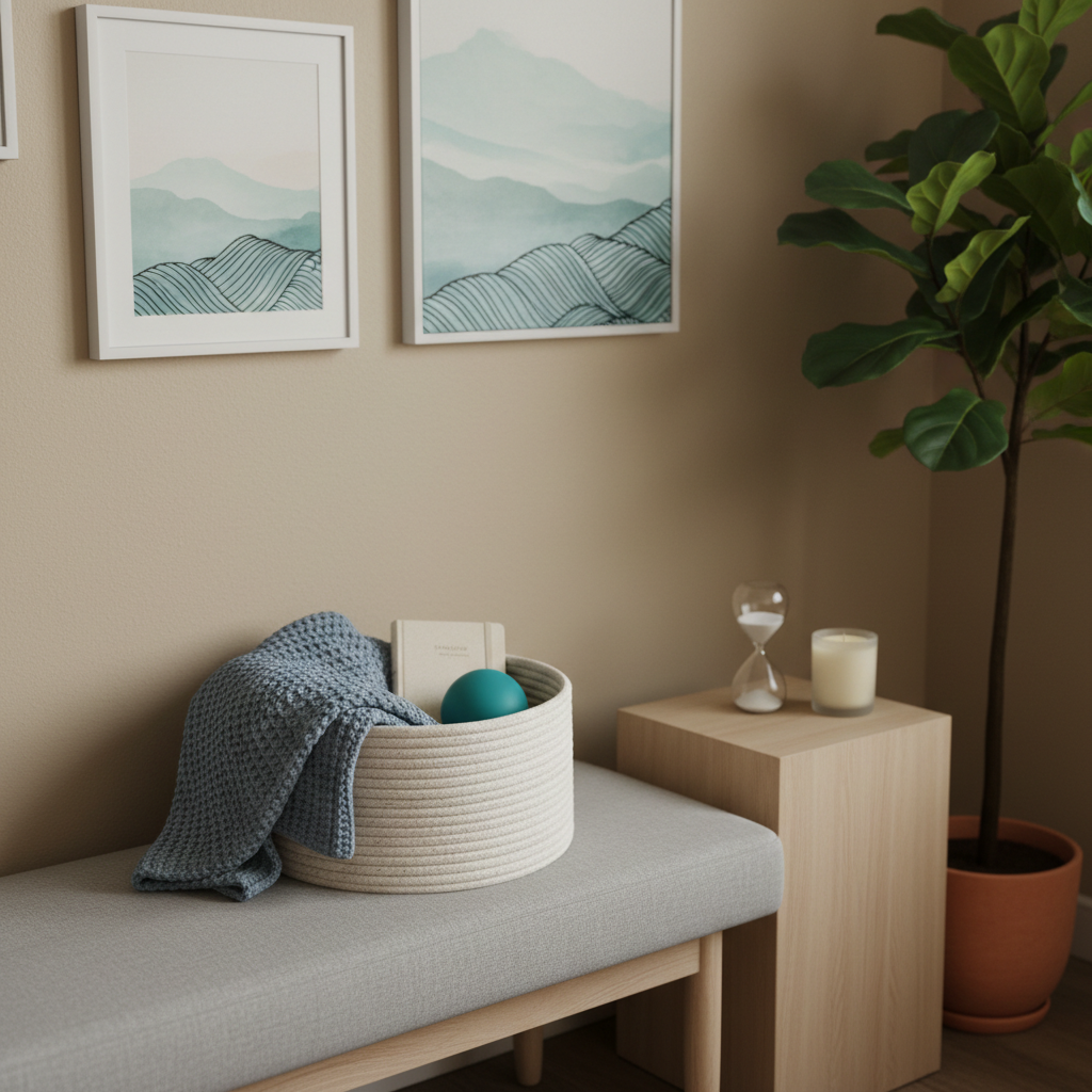 A thoughtfully arranged therapy space emphasizing tools for anxiety and depression support, in clean photographic detail. On a cushioned bench rests a woven basket containing a soft knitted blanket, a stress ball, and a small mindfulness journal with an elegant, blank cover. Beside the bench, a minimalist side table holds a sand timer and an unscented candle in frosted glass. The background reveals a neutral-toned wall with a few calming abstract prints and a tall plant adding greenery. Soft, overcast daylight filters from a window outside the frame, flattening harsh contrasts and creating a soothing, even light. Shot at a slightly elevated angle with moderate depth of field, the image feels calm, grounded, and reassuring, suggesting coping tools without any human presence.
