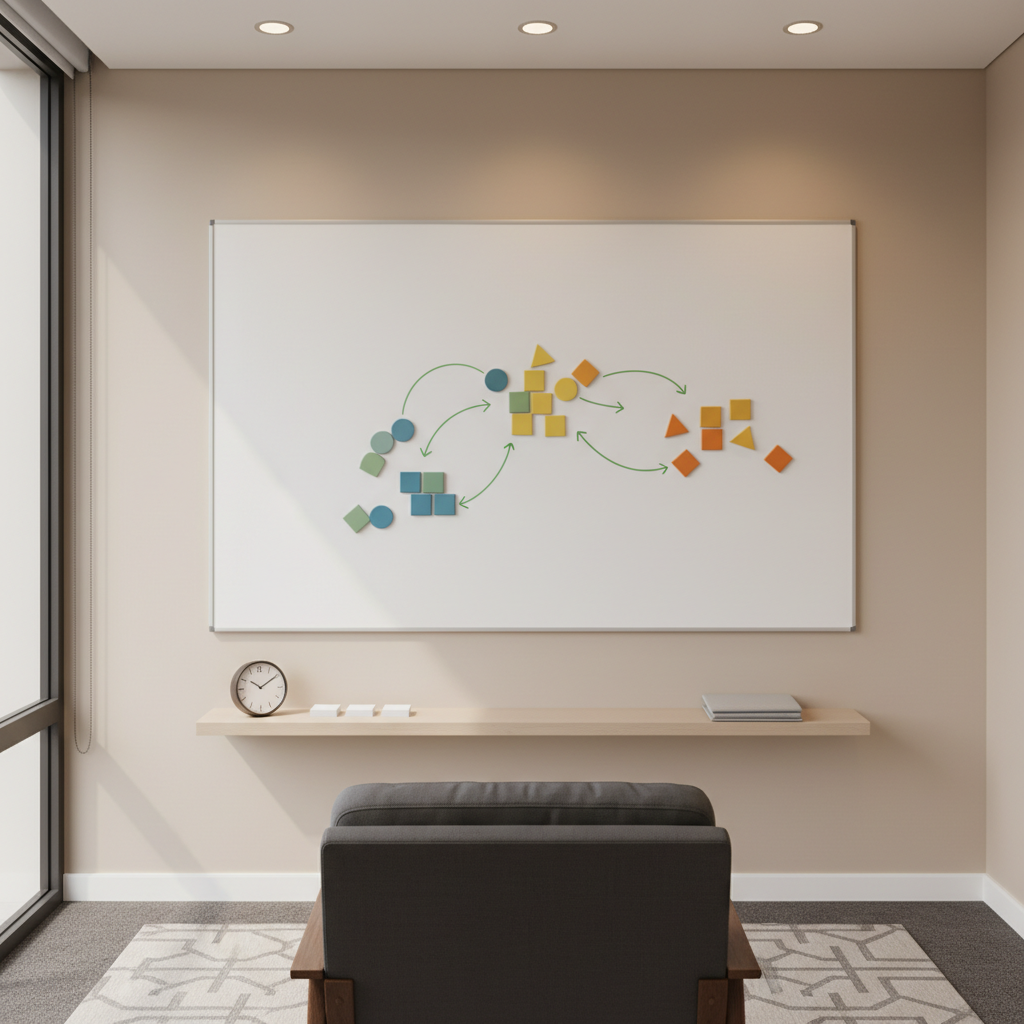 A CBT-focused therapy whiteboard scene in a modern office, rendered in realistic photographic style without visible text. A large, clean whiteboard dominates the wall, covered instead with simple colored magnets and arrows, visually suggesting cognitive-behavioral links. Below it, a slim floating shelf holds a small analog clock, a stack of blank index cards, and a closed binder. In the foreground, the back of a comfortably padded chair hints at a reflective seating position. Neutral walls and a subtle patterned rug keep the environment professional yet welcoming. Bright but gentle overhead lighting combines with soft window light, eliminating harsh shadows. Captured straight-on at eye level, the composition highlights structured, organized thinking and a goal-oriented therapy process while remaining approachable and calm.